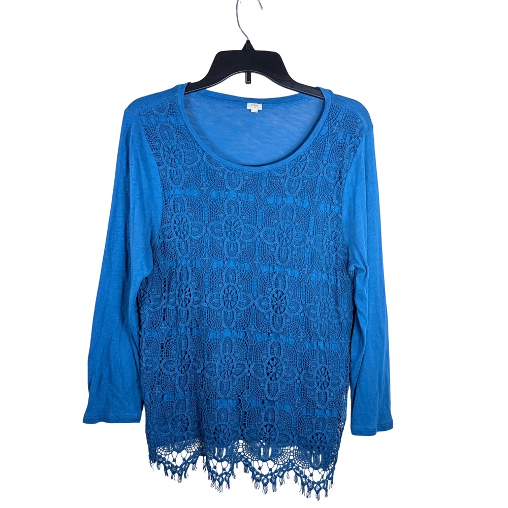 J Crew 100% Cotton Floral Crochet Lace Front Long Sleeve Top Fringe Blue XL